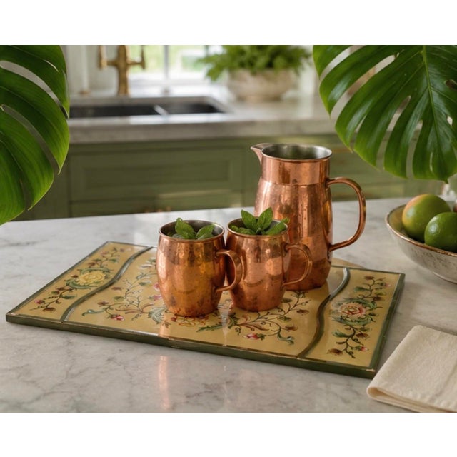 Vintage Hollywood Regency Style Floral Chinoiserie Glass-Top Serving Tray For Sale - Image 9 of 12