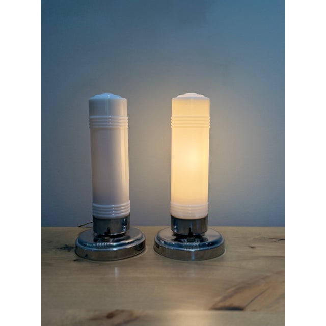 Art Deco Pair of Art Deco Streamline Moderne Milk Glass & Chrome Accent Lamps, C. 1940s For Sale - Image 3 of 8