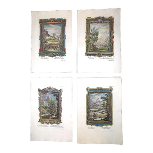 Antique 18th Century (1731) Hand Colored Copperplate Landscape Engravings -Set of 4
