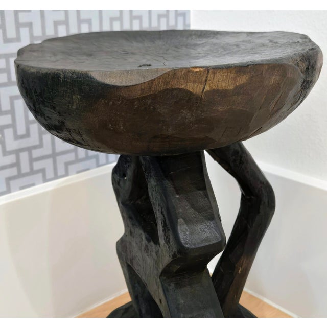 Mid 20th Century Vintage Tonga Hand Carved Wood Stool – Brutalist Sculptural Side / Plant Table, 14" For Sale - Image 5 of 9