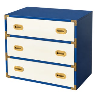 1970s Vintage Blue & White Lacquered Campaign Chest of Drawers For Sale
