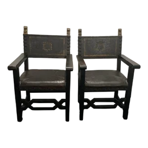 Pair of Antique Italian 1700 Leather Side Chairs