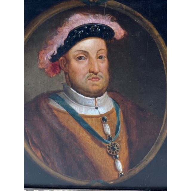 Antique English Portrait King Henry VIII Wearing the Badge of the Order of the Garter After Hans Holbein – Oil Painting on Panel, Circa 1750 For Sale - Image 6 of 9