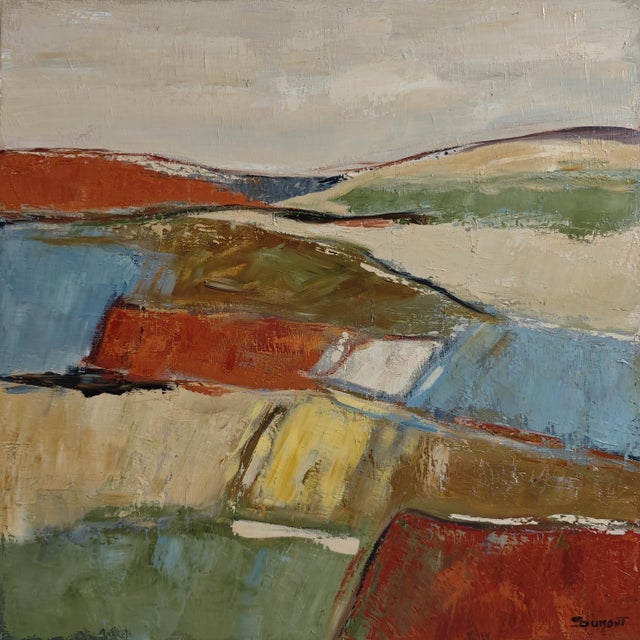 Situated between landscape and abstraction, the composition unfolds through overlapping fields of muted blue, sage green,...