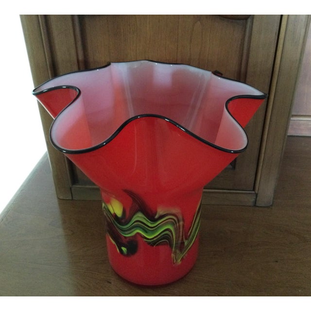 Mid Century Hand Blown Cased Fazzoletto Style Italian Art Glass Vase For Sale - Image 10 of 13