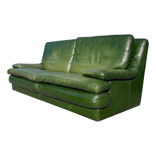 Postmodern Patinated Green Buffalo Leather Sofa by Roche Bobois For Sale