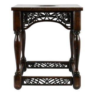 Signed F. W. Tyler Hand-Carved Wooden Stool Dated 1943 With Pierced Openwork Panels For Sale