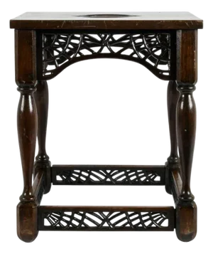 Signed F. W. Tyler Hand-Carved Wooden Stool Dated 1943 With Pierced Openwork Panels