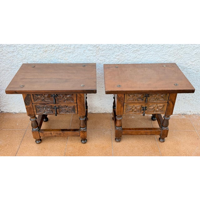 Pair of Spanish Carved Wood Bedside Tables With Floral Drawers, Mid-20th Century For Sale - Image 4 of 9