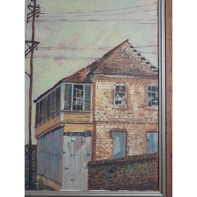 Acrylic on canvas painting by Jamaican artist Elpedio Robinson, depicting a timeworn two-story building with shuttered...