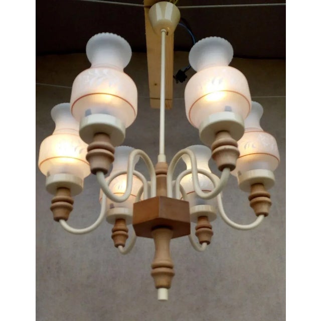 Material: metal, opal glass, wood. Nice authentic Retro Vintage Chandelier, white holder with patina and wooden...