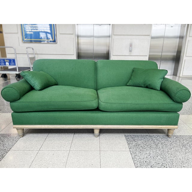 Early 21st Century Custom Carved Oak & Green Linen Sofa by Steven Gambrel For Sale - Image 5 of 18