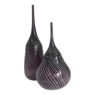 24 + In. Murano Style Purple White Applied Black Swirl Bulbous Art Glass Vase Set of 2 For Sale