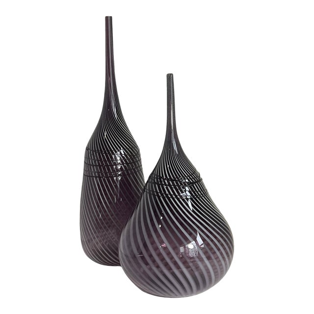 24 + In. Murano Style Purple White Applied Black Swirl Bulbous Art Glass Vase Set of 2 For Sale