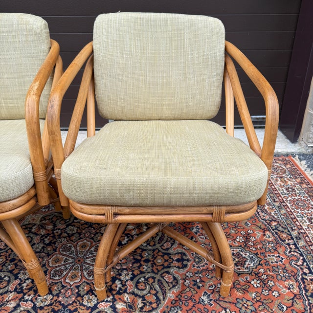 Mid-Century Modern 1970s Ficks Reed Mid Century Modern Bamboo / Rattan Swivel Dinette Chairs - A Pair For Sale - Image 3 of 18