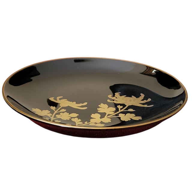 Set of Six Vintage Black Maki-E Lacquer Art Kyoto Japan Decorative Plates Hand Painted Gold Botanical Floral Patterns For Sale - Image 9 of 18