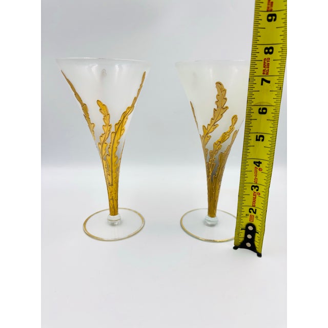 1940s Frosted Glass Wine Flutes With Gold Leaf Motif – Pair For Sale - Image 11 of 12