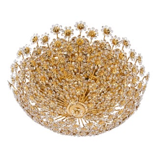 Large Gilt Brass and Cut Glass Flower Flush Mount from Palwa, Germany, 1970s For Sale
