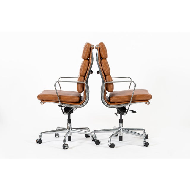 Pair Herman Miller Eames Tall Brown Leather Desk Chair Soft Pad For Sale In Detroit - Image 6 of 12