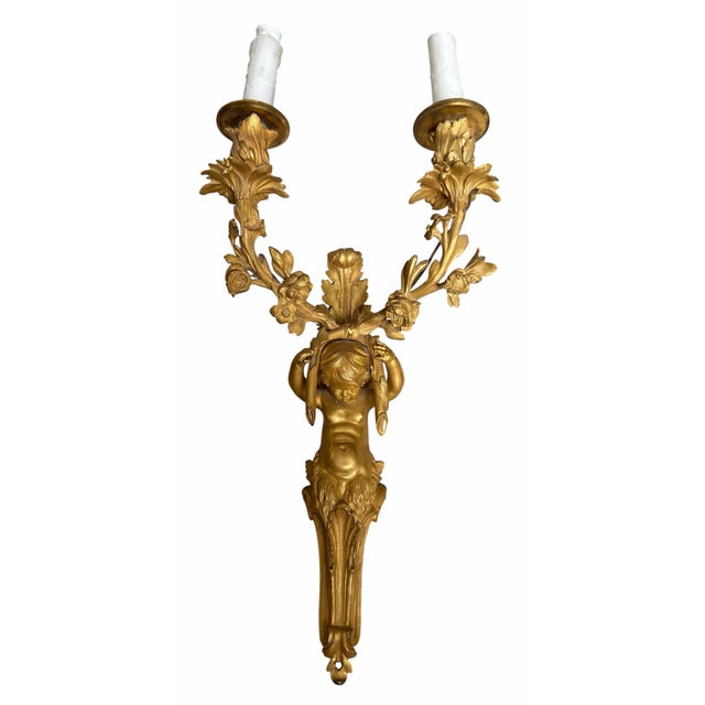 Pair of Antique 19c French Gilt Bronze Cherubic Light Sconces.
