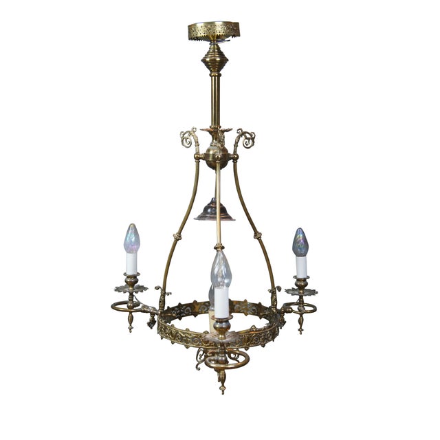 Victorian Antique Victorian Converted 4 Light Hurricane Candlestick Pendant Chandelier 36" For Sale - Image 3 of 16