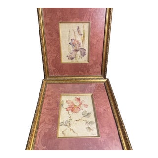 Vintage Floral Framed Prints – Set of 2, Ornate Gold Gilt Frames With Burgundy Matting, Traditional Wall Art For Sale