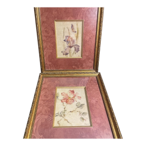 Vintage Floral Framed Prints – Set of 2, Ornate Gold Gilt Frames With Burgundy Matting, Traditional Wall Art