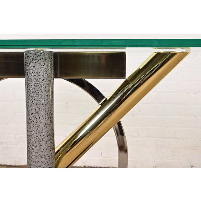 Kaizo Oto for Design Institute of America Postmodern Sculptural Steel and Brass Glass Top Console Table, 1980s For Sale In South Bend - Image 6 of 10