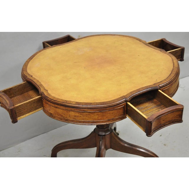 Early 20th Century Vintage English Regency Leather Top Mahogany Drum End Table W/ 4 Drawers - Pair For Sale - Image 5 of 18