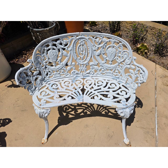 1950s Victorian Garden Bistro Bench, Center Table & Six Chairs, For Sale - Image 4 of 9