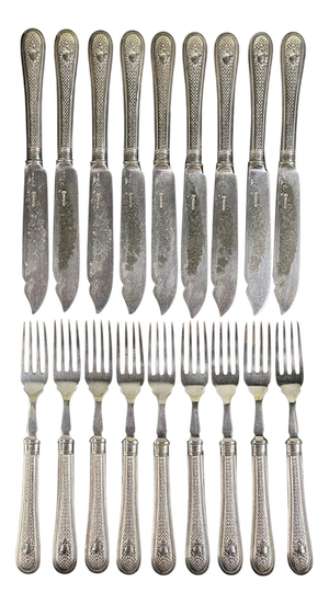 English Silver-Plated Forks and Knives, London, 1888, Set of 18