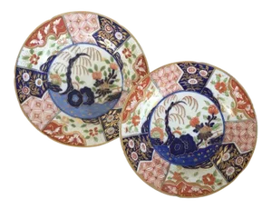 Early 19th Century Coalport Porcelain Imari Rock & Tree Dinner Plates - A Pair