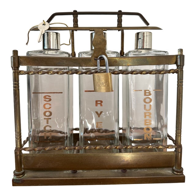 Mid 20th Century Brass and Glass Decanter Set Bar Ware For Sale