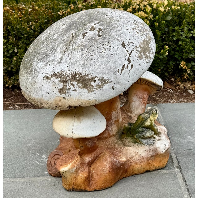 Contemporary Cast Stone Mushroom Toadstool Garden Sculpture With Frog For Sale - Image 3 of 12