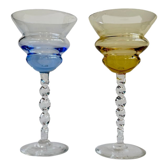 Vintage Empoli Italian Art Glass Drinking Glasses – Set of 2 (Cobalt Blue & Amber) For Sale