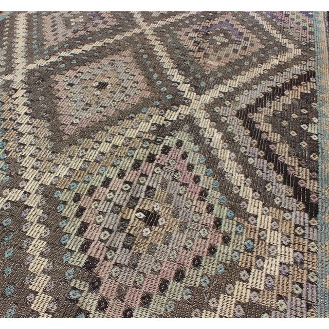 Mid 20th Century Mid 20th Century Vintage Turkish Flat Weave With Diamond Design in Gray Black Lavender & Green For Sale In Atlanta - Image 6 of 13