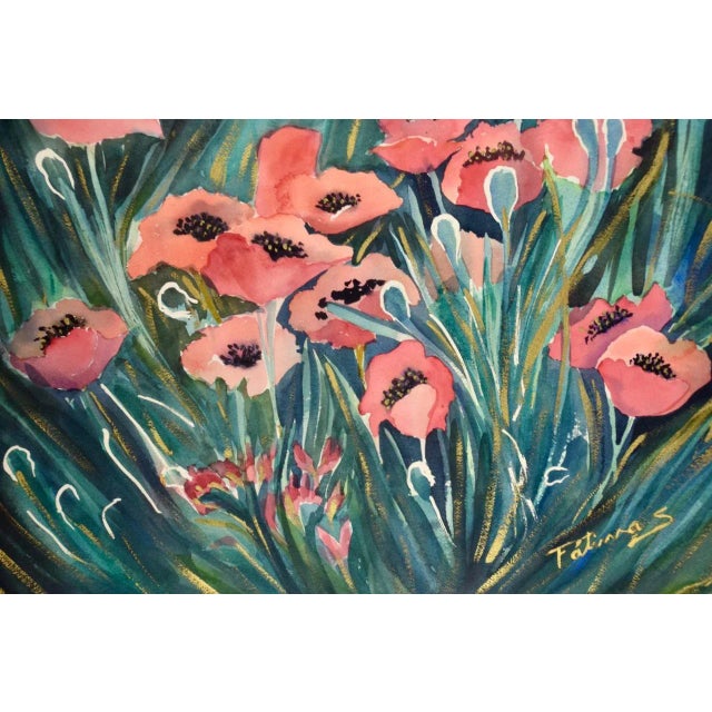 Late 20th Century Watercolor of Flowers in a Field: Large Framed Colorful Botanical by Fatima S. For Sale - Image 5 of 7