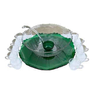 1930's New Martinsville Crystal and Emerald Radiance Punch Bowl With Underplate and Ladel, Complete Set For Sale