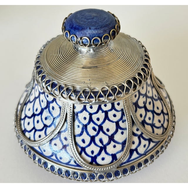 Ceramic Vintage Moroccan Fez Pottery Lidded Jobbana Jar With Silver Filigree Circa 1980 For Sale - Image 7 of 12