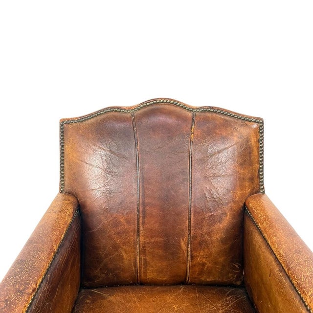Antique French Moustache Cognac Leather Club Chair, 1920s For Sale - Image 11 of 13