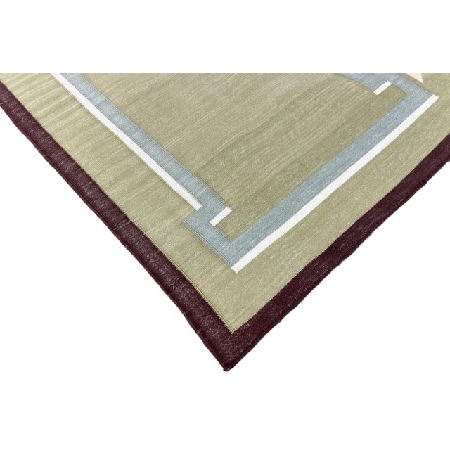 Handmade Cotton Dhurrie Runner, Olive Green and Wine Border Fish Patterned Runner Rug- 4'x10' For Sale - Image 6 of 12