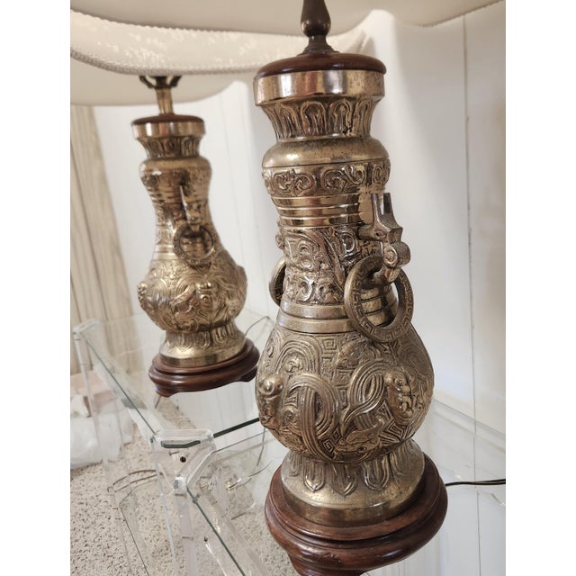 James Mont Mid 20th Century Pair Asian Solid Brass Tble Lamps After James Mont For Sale - Image 4 of 12