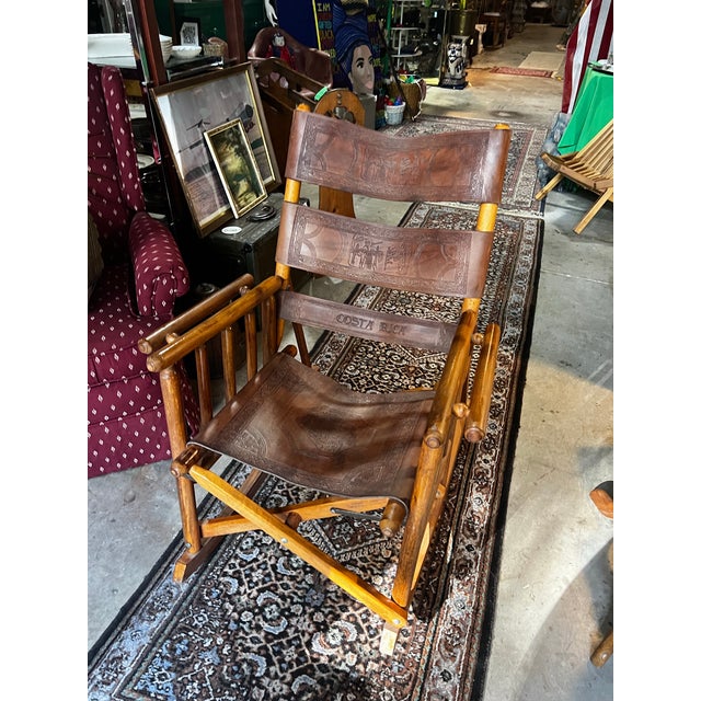 Wooden and Leather Handmade Rocking Chair With Costa Rica Birds Design For Sale In Atlanta - Image 6 of 12