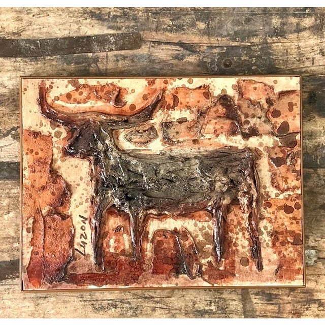 Vintage Original Mixed Media Bull on Canvas For Sale - Image 11 of 12