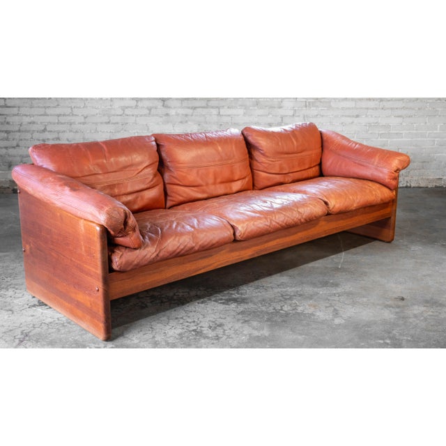 1970s Vintage Danish Cognac Leather and Teak Sofa Attributed to Mikael Laursen For Sale - Image 5 of 18