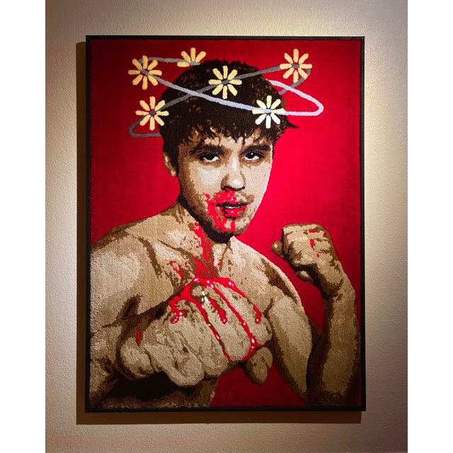 Contemporary Cedric Vu "Phosphenes" Large Tufted Yarn Self Portrait, Boxer Figure, Daisy Halo, Deep Red, Contemporary California Textile Art, Pop Art, 2025 For Sale - Image 3 of 7