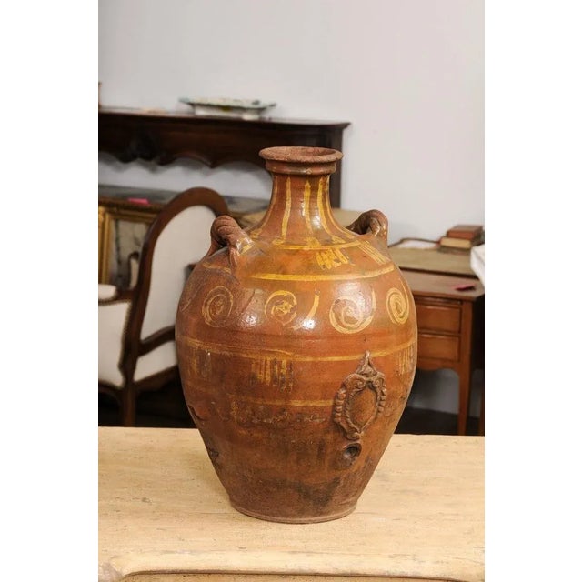 Italian 17th Century Italian Terracotta Olive Oil Jar with Yellow Glazed Spiraling Décor For Sale - Image 3 of 13