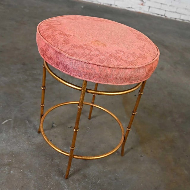 Mid-20th Century Italian Style Round Stool With Rose Damask Seat & Gilt Metal Faux Bamboo Legs For Sale - Image 10 of 13