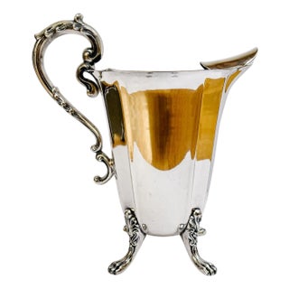 Vintage Silver on Copper Footed Water Pitcher With Lion’s Paw Feet & Scroll Handle For Sale