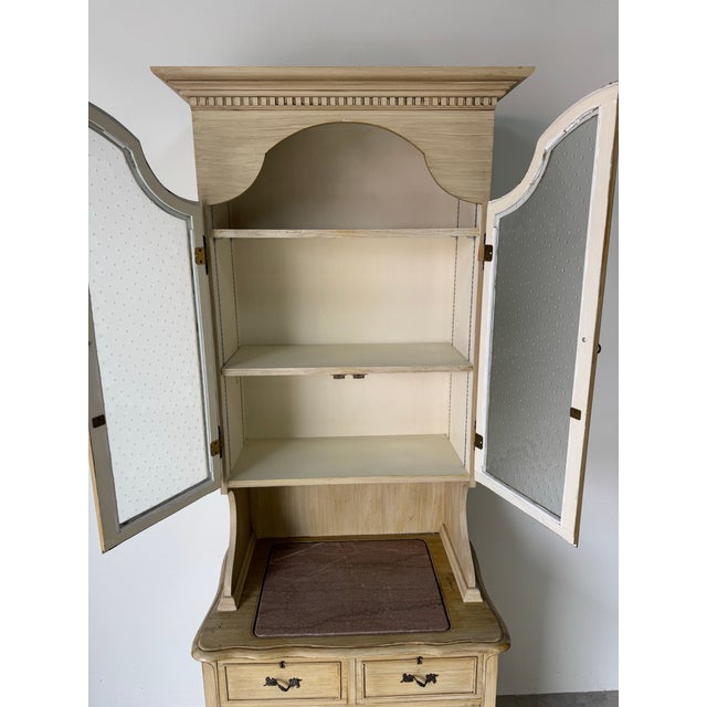 1900 - 1909 Antique French Country Style Painted Wood Cabinet With Glass Hutch & Marble Top Chest For Sale - Image 5 of 12